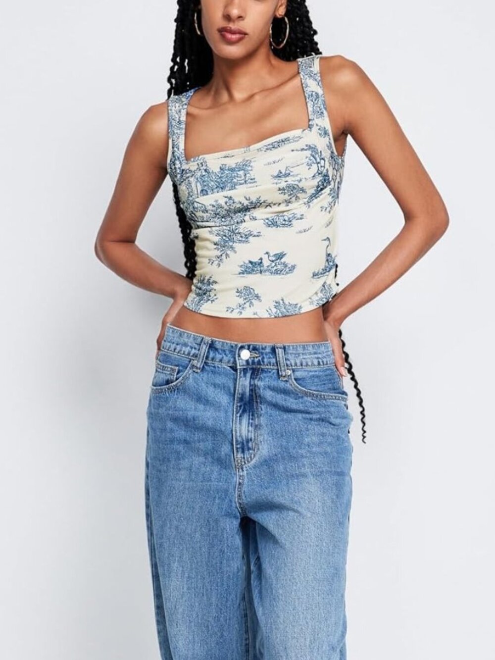 CIDER Blue Toile de Jouy Satin Ruched Crop Top M